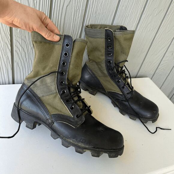 VTG US Military Spike Protective Jungle Boots Vietnam War Black Leather Canvas - Picture 1 of 13